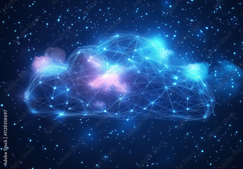 Poster futuristic digital cloud with glowing connections and starry background illustrating technology and 