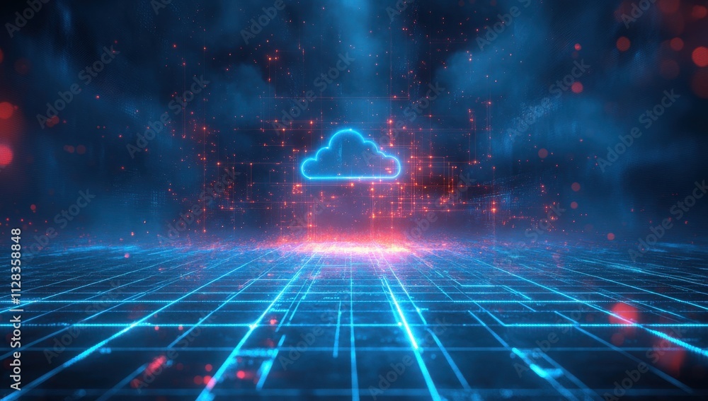 Poster Futuristic Digital Cloud with Neon Grid and Data Streams Representing Cloud Computing in a High-Tech Abstract Background