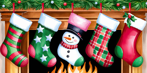 Christmas Stockings Fireplace Snowman Holiday Decorations Winter Festive
