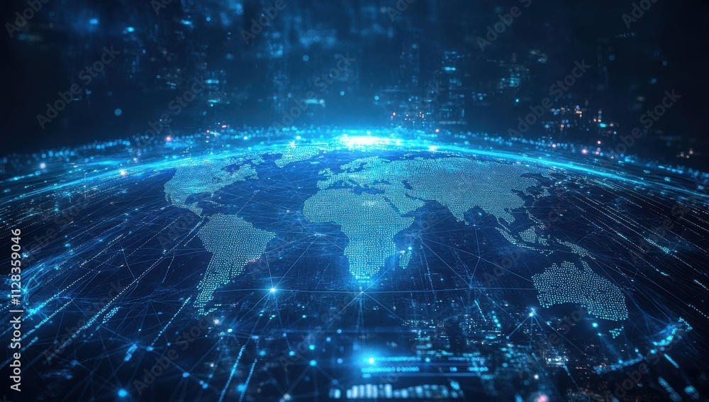 Poster futuristic global network concept with digital connections over earth showing data visualization and