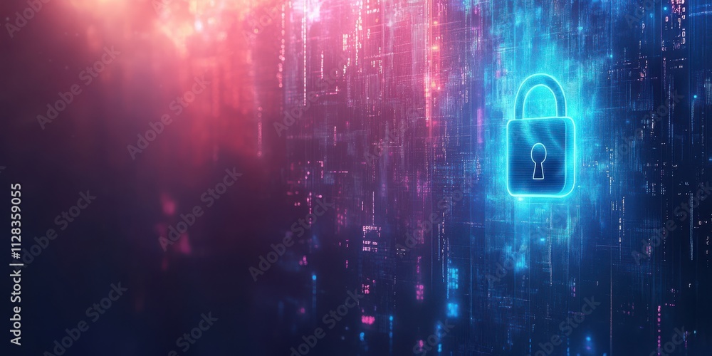 Poster futuristic digital lock symbolizing cybersecurity and data protection in a glowing neon environment 