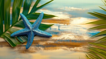 Fototapeta na wymiar Blue Starfish on Tropical Background with Green Leaves