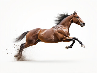 Fototapeta premium A powerful brown horse gallops across a white background, creating an impression of motion and speed, ideal for concepts like energy and vitality. Copy space included.