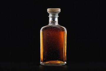 Amber liquid in a clear glass bottle with a cork stopper. Perfect for liquor, whiskey, or beverage websites.