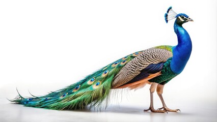 Fototapeta premium Minimalist Peacock, White Background, Bird Photography, Elegant Feather, Indian Peacock, Exotic Bird, Wildlife, Nature, Animal Portrait, Beautiful Bird