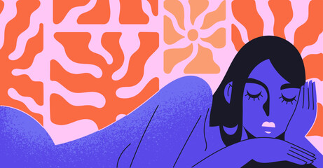 Matisse art with naked woman. Contemporary artwork with abstract flowers, plant shapes. Horizontal banner, design of postcard with female silhouette, leaves figures. Flat vector illustration