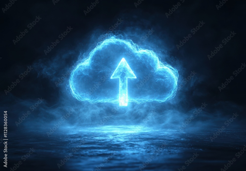 Poster glowing digital cloud symbol with upward arrow above water surface in dark atmosphere, representing 
