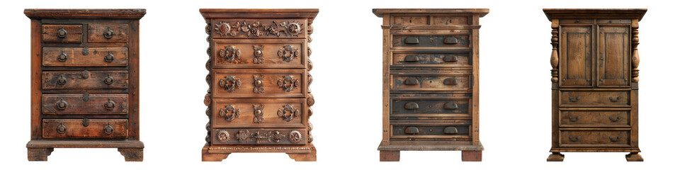 Antique cabinet with drawers isolated on transparent background, Set of
