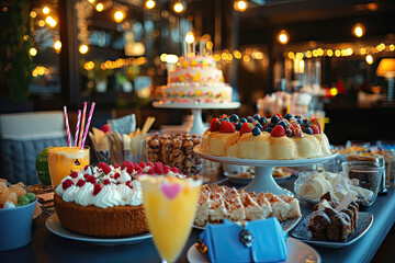 Birthday celebration at a restaurant, table covered with food, gifts, and drinks. Copyspace on the left. Evening lighting with soft glows. Stylish restaurant background.