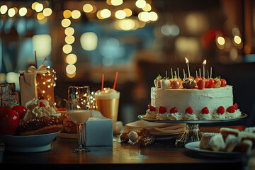 Birthday celebration at a restaurant, table covered with food, gifts, and drinks. Copyspace on the left. Evening lighting with soft glows. Stylish restaurant background.