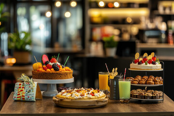 Birthday celebration at a restaurant, table covered with food, gifts, and drinks. Copyspace on the left. Evening lighting with soft glows. Stylish restaurant background.