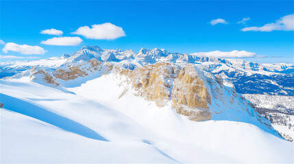 A majestic snowy mountain range under a vibrant blue sky. Pristine white peaks and dramatic cliffs...