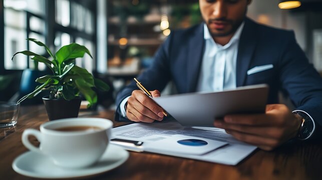 A professional in business attire participating in an online meeting with colleagues, taking part in an online course to upgrade their skills, with a cup of tea beside them.  - Powered by Adobe
