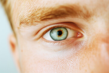 Fototapeta premium A close-up shot of a bright green eye with vivid detail, capturing the intricate patterns of the iris against smooth skin, evoking curiosity and uniqueness.