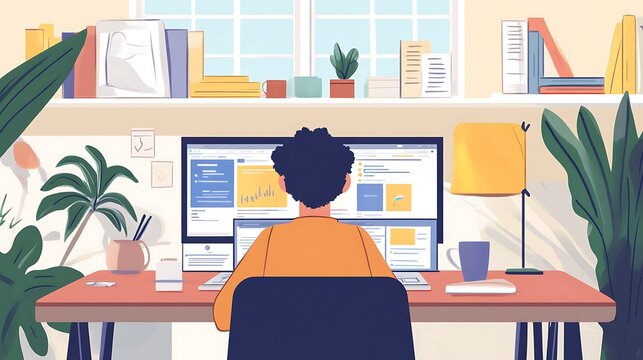 A person attending an online certification class, with multiple tabs open on the laptop, showing educational videos, assignments, and course materials in a home office environment. 