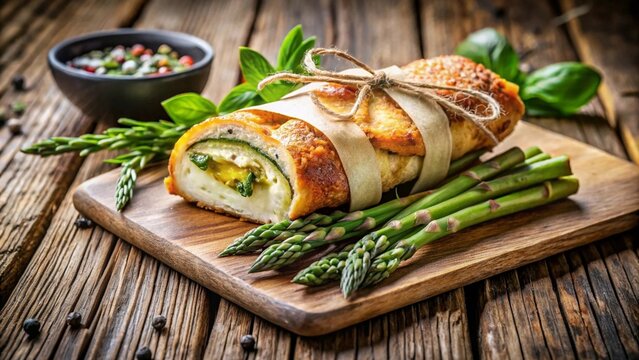 Cutlet de Volatile, wrapped chicken cutlet with cooked green asparagus served on a wooden table.