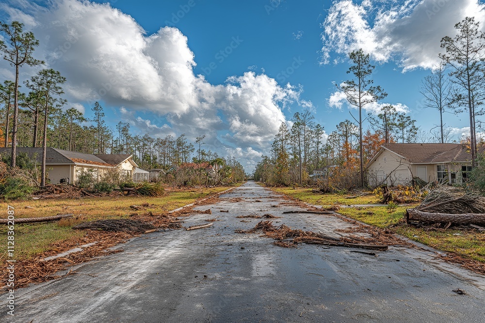 Wall mural Extreme weather aftermath in Florida, scattered debris and fallen branches on clear roads, broken pine trees beside a house under a blue sky.