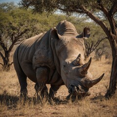 Fototapeta premium A rhinoceros resting in the shade of a tree in a dry savannah.
