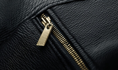 Close-Up of Luxurious Black Leather with Gold Zipper, Highlighting Elegant Textures and Fashionable Detail in Modern Lifestyle Accessories and Apparel