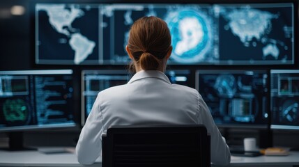 Monitoring severe weather events control room digital displays high-tech environment professional viewpoint meteorological data analysis