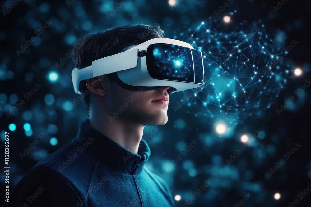 Poster exploring virtual reality technology with a headset in a futuristic setting