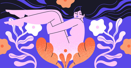Contemporary Matisse art. Tender naked woman sits in abstract flower bud. Female silhouette of sensuality among leaf shapes, colourful plants, floral forms on artwork. Flat vector illustration