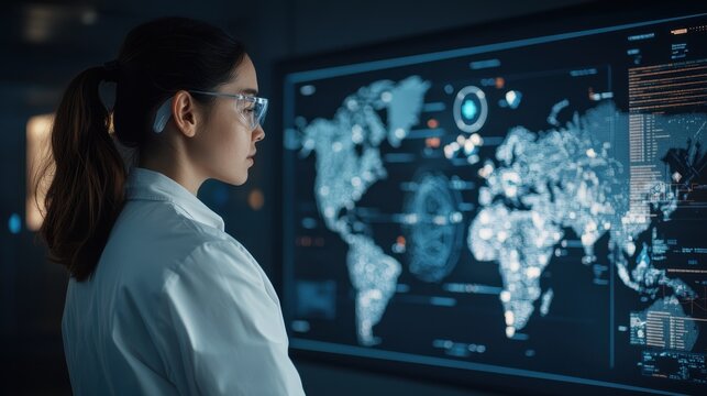 Analyzing global data trends scientist engaged in research high-tech lab digital mapping focused perspective data science insights