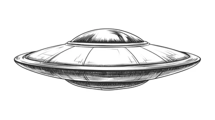 Minimalist Line Art Representation of a Floating UFO with Clear Black Lines on a White Background