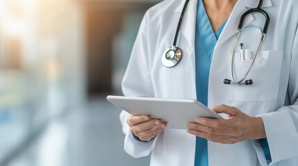 Healthcare professional using tablet in hospital medical environment clinical setting focused perspective for patient care