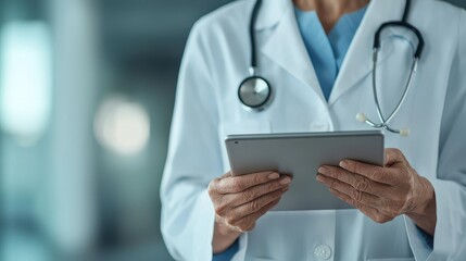 Doctor reviewing patient data on tablet in hospital medical environment professional setting focused perspective