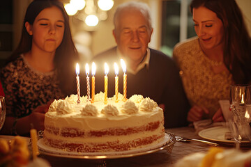 Birthday scene with a person holding a slice of cake, smiling with friends around. Copyspace on the left. Golden hour lighting. Backyard party background with string lights