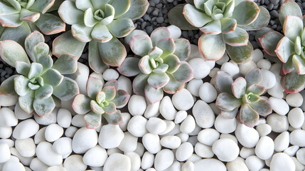 Artistic Close-Up Shot of Beautifully Arranged Succulents with Pink Edges and Tiny White Pebbles from a Top-Down View