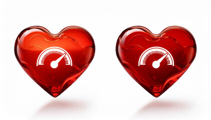 Heart with percentage heart meter level or gauge icon set in liquid filling style in red