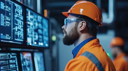 Engineer analyzing digital data in technology hub control room environment industrial viewpoint for enhanced productivity