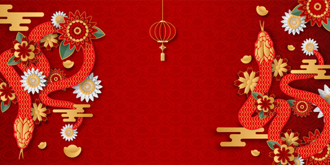 Happy Chinese New Year 2025. Snake zodiac with abstract flowers, year of the snake. Vector illustrator EPS10