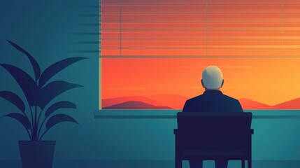 Reflective moment elderly man watching sunset from window indoor setting calm atmosphere personal reflection