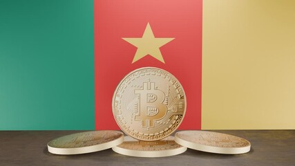 Golden Bitcoin and Cameroonian Flag Animation: From Close-Up to Wide View. Symbolizing cryptocurrency and digital finance in Cameroon - Powered by Adobe
