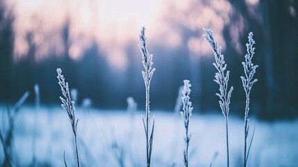 Close-up of Frosted Grass and Branches with Blurred Winter Forest Background, Ethereal Frosty Leaves, Serene Pastel Tones, Perfect for Scrapbooking Nature's Cold Weather Beauty