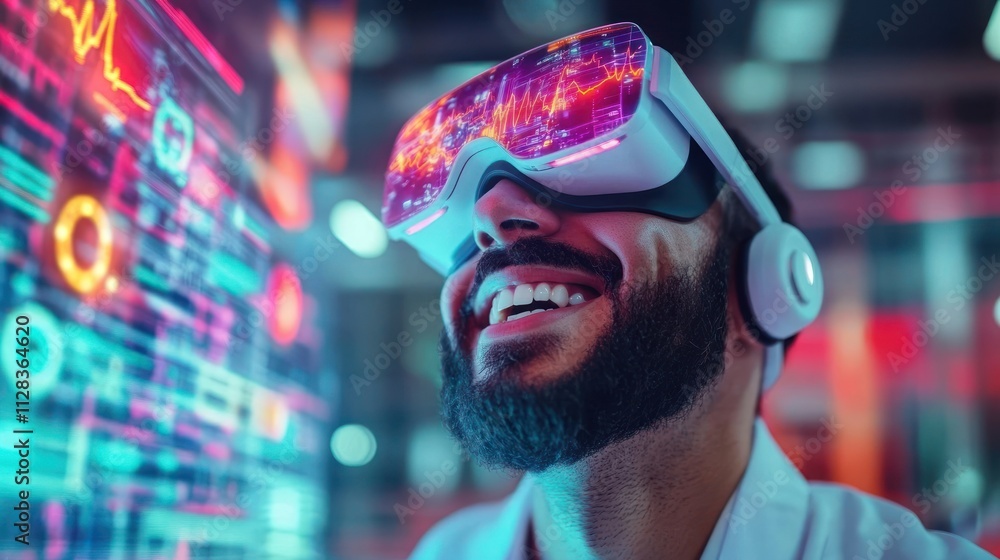 Poster man enjoying virtual reality with vibrant graphics