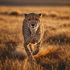 Fototapeta premium A cheetah running at full speed across a golden field at sunset.