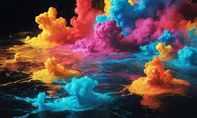 Colorful, Dynamic Cloud-like Formations Rising from Water Surfaces with Vivid and Ethereal Liquid Displays.
