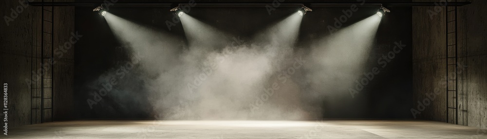 Poster A dimly lit stage with soft beams of light cutting through a smoky atmosphere, creating a dramatic and mysterious setting for performance.