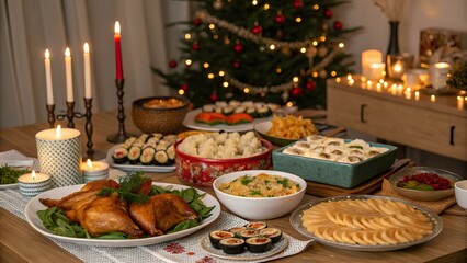A festive new year table setting with a delicious gourmet meal, featuring a Christmas cake adorned with candles, perfect for a celebratory dinner or banquet