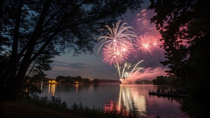 A vibrant display of colorful fireworks explodes over the water, illuminating the night sky with a dazzling reflection during a festive celebration