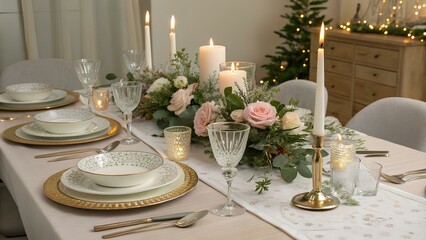 Elegant wedding table setting with white plates, sparkling glassware, and festive floral decorations, perfect for a romantic dinner reception