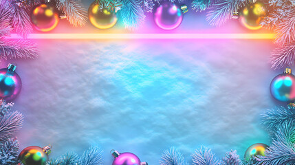 Cheerful Holiday Border with Snowflakes and Ornaments Featuring Neon Effects for Unobstructed Logo Visibility