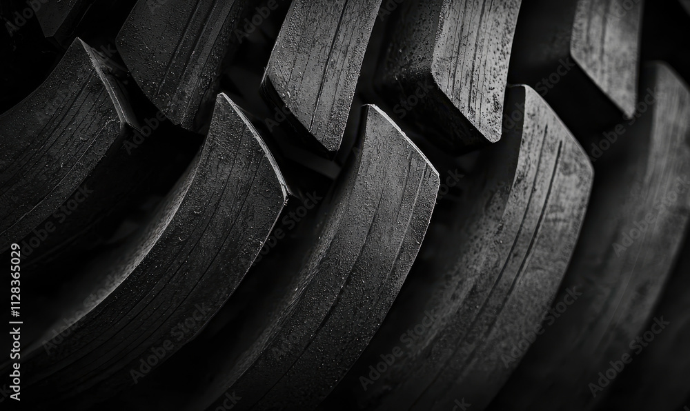 Poster detailed close-up of industrial tire tread showcasing robust design and texture in mechanically engi