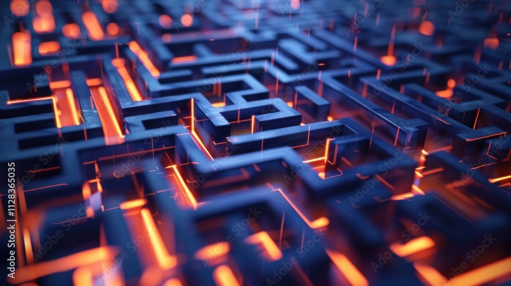 Poster orange light flows through a dark, complex maze, creating a visual representation of big data, intri