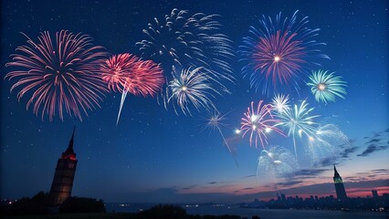Colorful fireworks display over the city and river at night celebrating the New Year