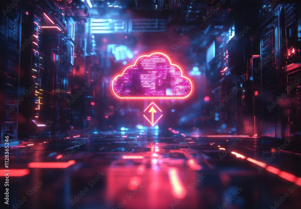 Poster neon cloud upload in futuristic cyber environment with glowing lights and digital effects symbolizin
